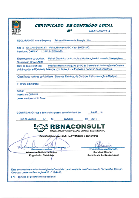 Certificados de Conteúdo Local Reg. Brasileiro de Navios e Aeronaves RBNA