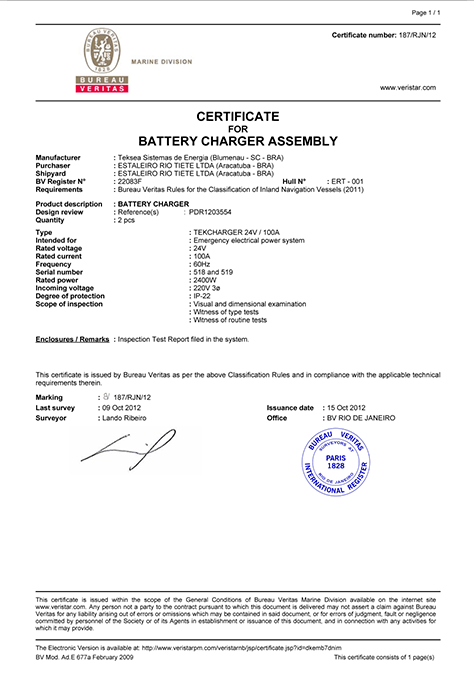 Certificado Carregadores de Baterias – Tekcharger Bureau Veritas