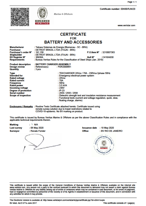 CERTIFICATE FOR BATTERY AND ACCESSORIES – BUREAU VERITAS